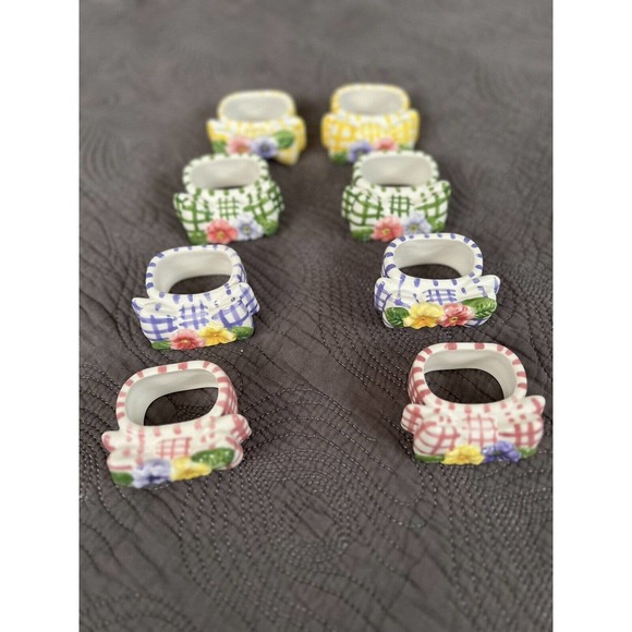 Set Of 8 Ceramic Floral Napkin Rings Bow Plaid By Lady Jayne NWOT - Picture 1 of 6